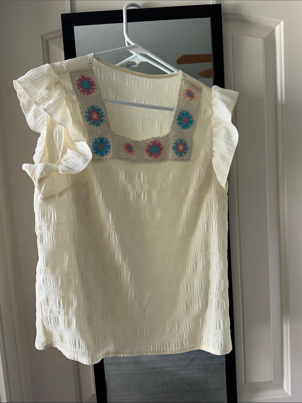 New without tags Cream Ruffle Sleeve Top with Embroidered Square Neck